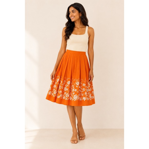 Ellen Tracy Dresses & Skirts - Ellen Tracy Orange Floral Midi Skirt Box Pleat Cottagecore Retro Garden Party
